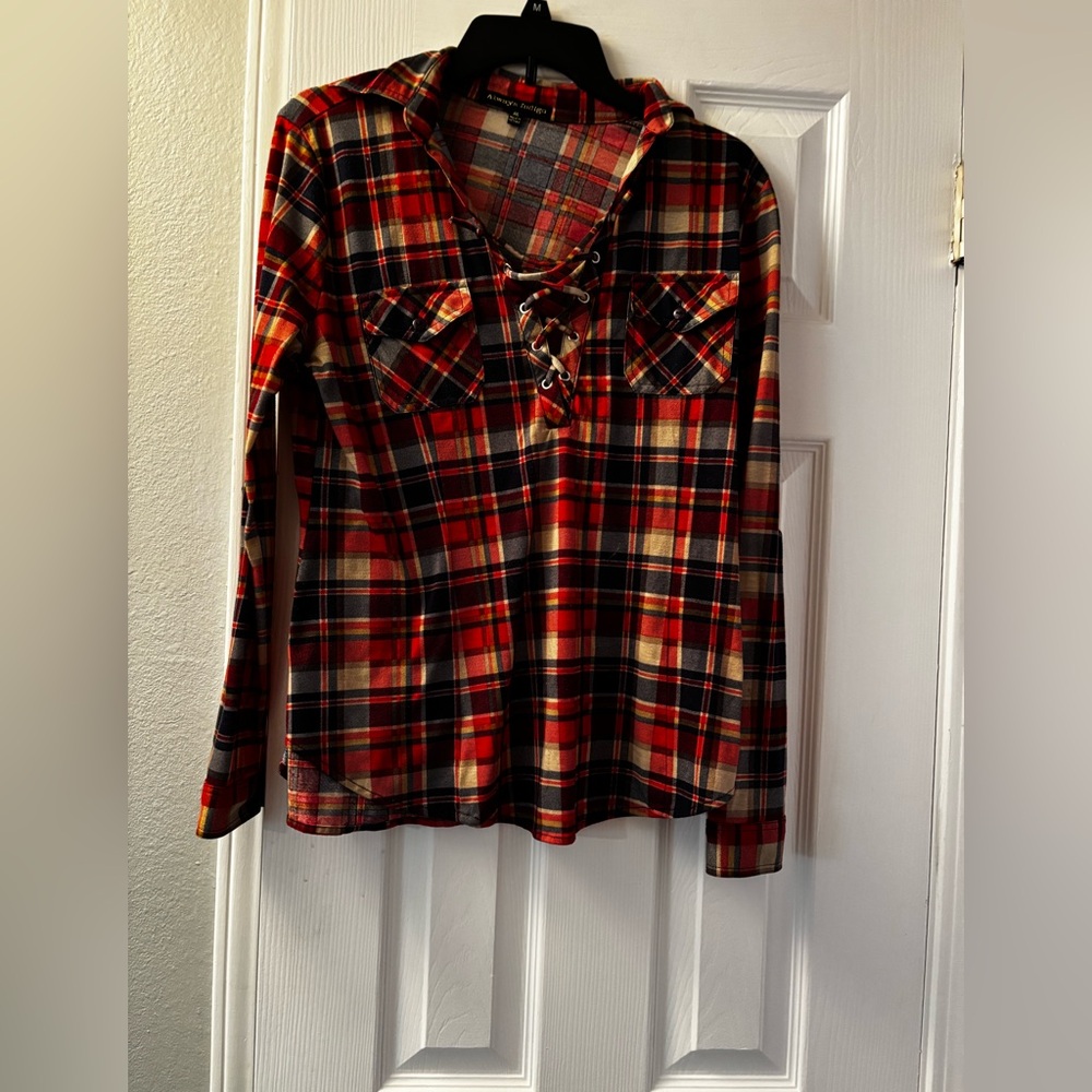 Women's M Red  Plaid Lace-Up Shirt Always Indigo